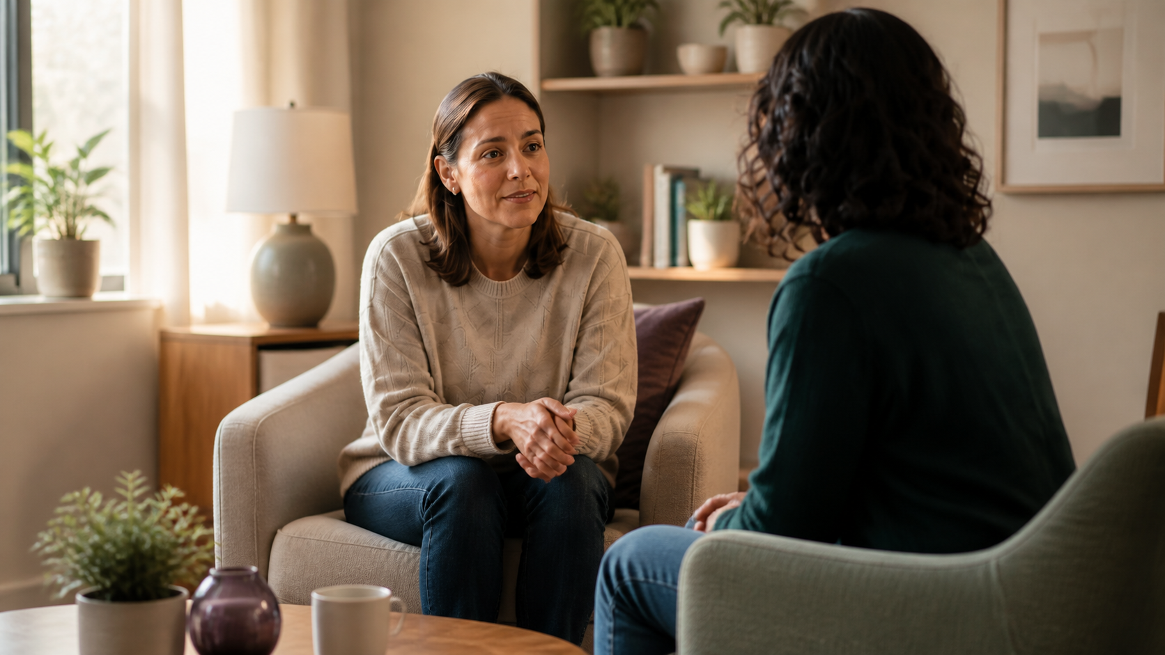 Two adults having a calm, private conversation in a welcoming treatment setting