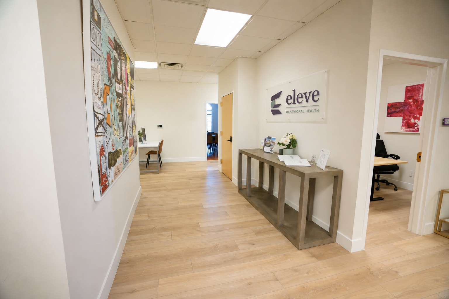 A bright hallway inside Eleve Behavioral Health in Voorhees Township